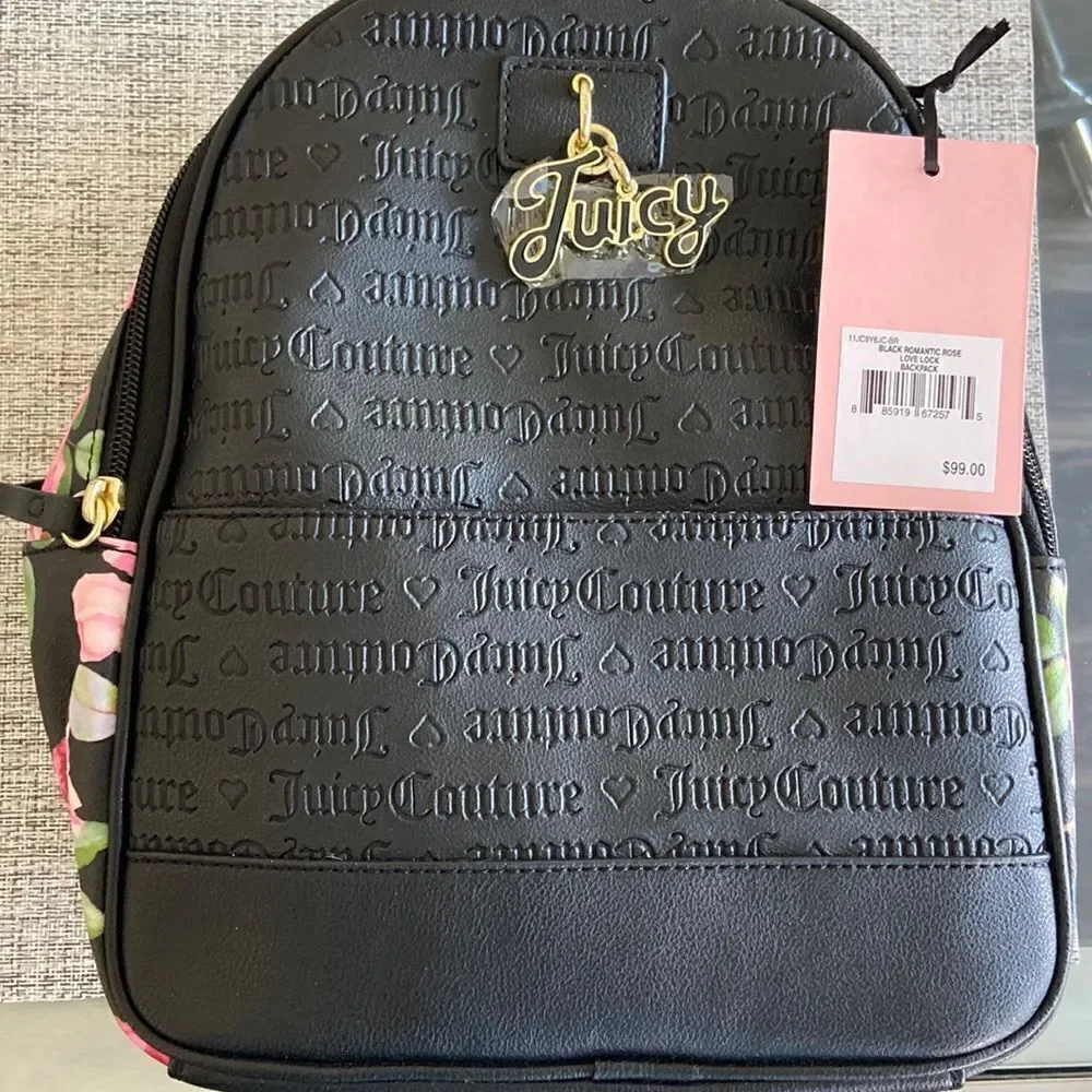 JUICY COUTURE~Black Romantic Rose Signature Logo Love Lock Backpack Purse~NWT